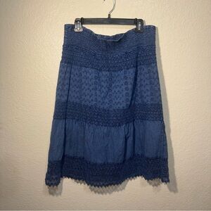 Blue Boho Eyelet Lace Midi Skirt Women’s M Cottagecore Casual